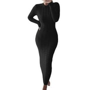 WTXUE Long Sleeve Dress, Autumn and Winter Sweater Long Sleeved Woolen Dress, Linen Dress, Black Midi Dress, Black L